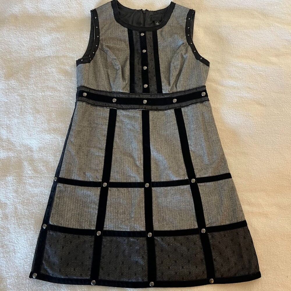 Anna Sui Dress Gray Herringbone Black Velvet Cage Punk Goth Grunge
